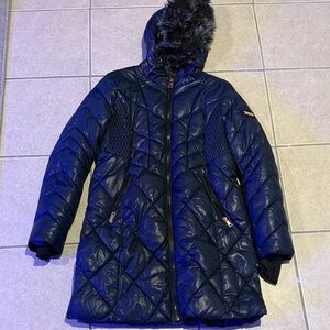 Nicole Miller Navy Long Puffer Coat with Faux Fur Hood